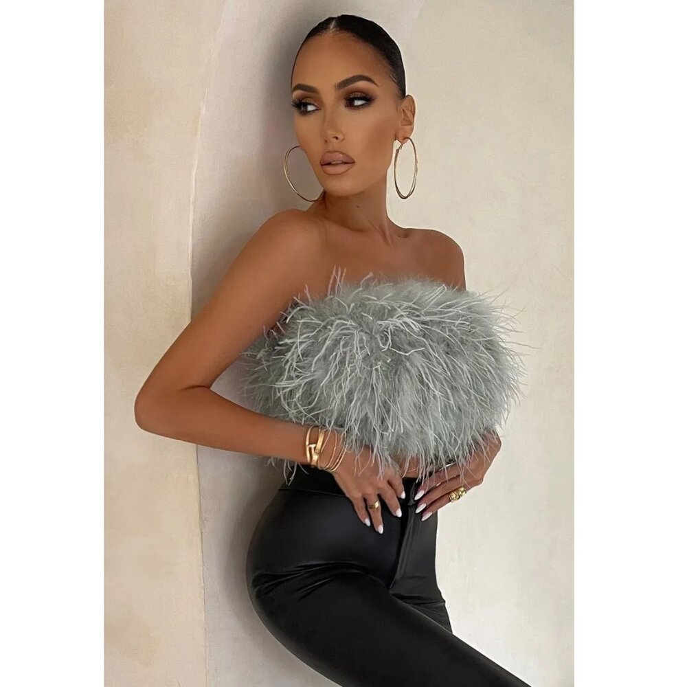 💥CHIC & SEXY💥ROARING 20's VIBE 100% OSTRICH FEATHER TOP in GRAY - Picture 5 of 11